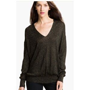 Diane von Furstenberg DVF Black Gold Metallic V-Neck Sweater Oversized‎ Small